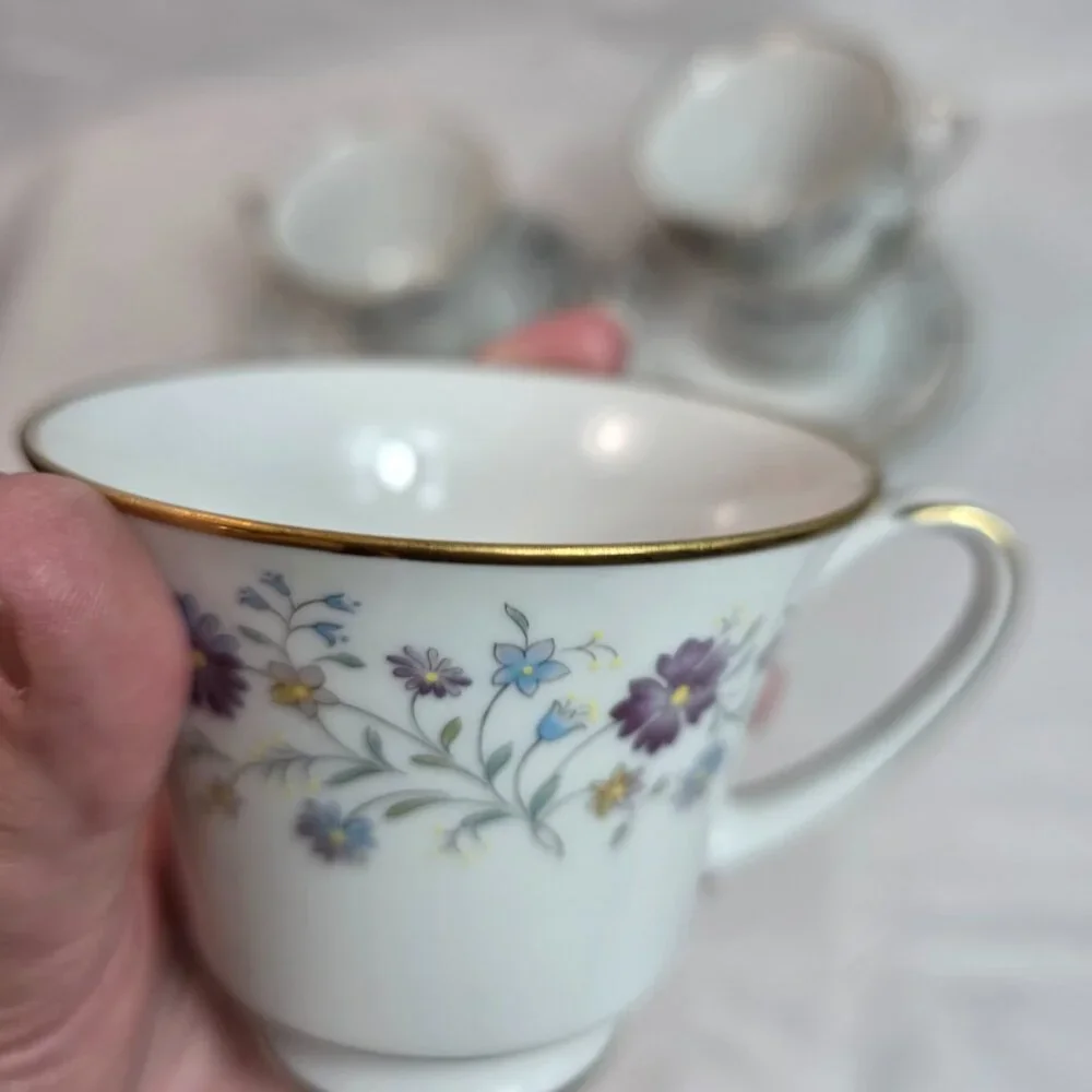 FOUR Noritake Longwood #2485 Cup & Saucer Sets Purple, Blue & Yellow Flowers